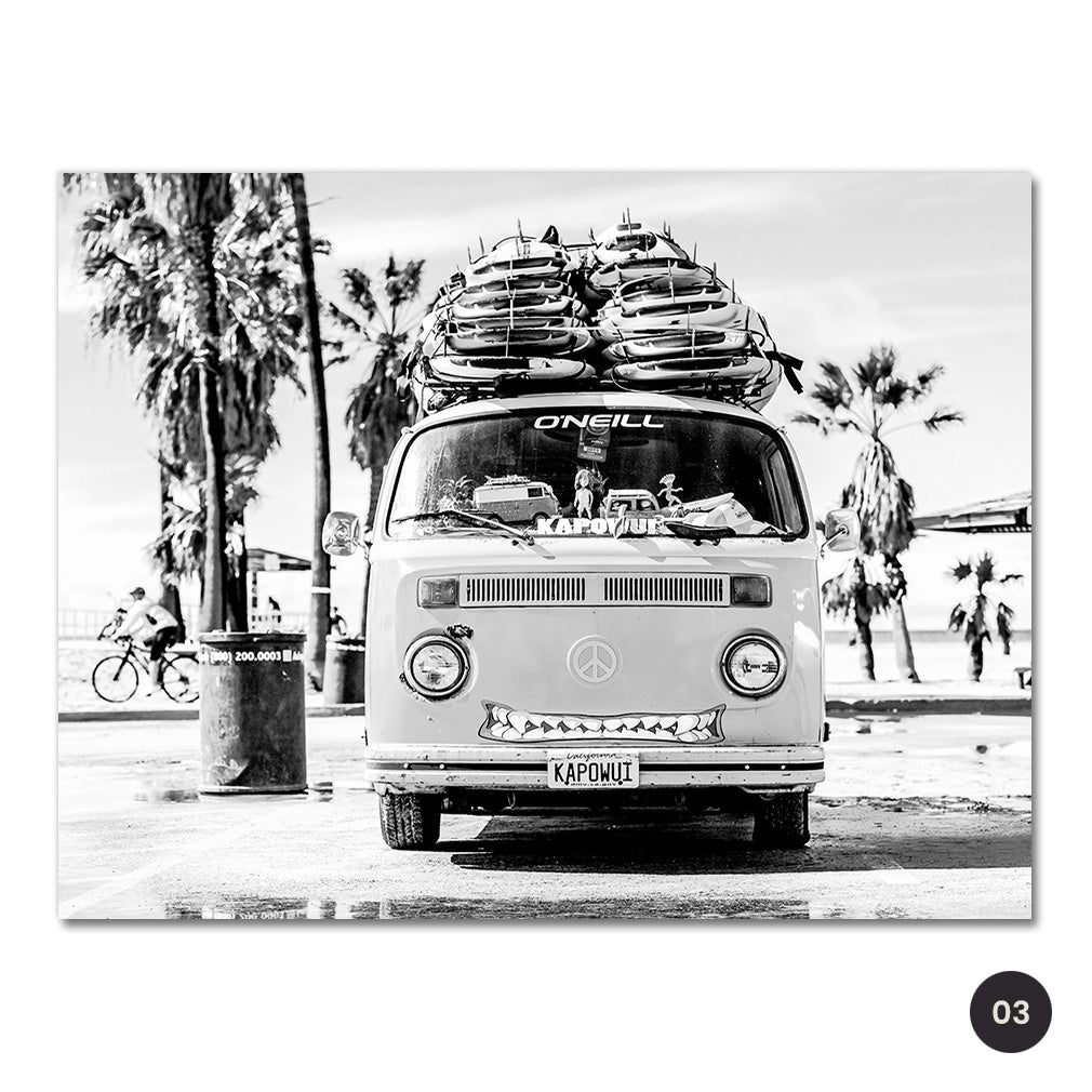 Beach Surf Campervan Lifestyle Black White Wall Art Fine Art Canvas Prints Travel Dreams Pictures For Living Room Bedroom Gallery Wall Art Decor