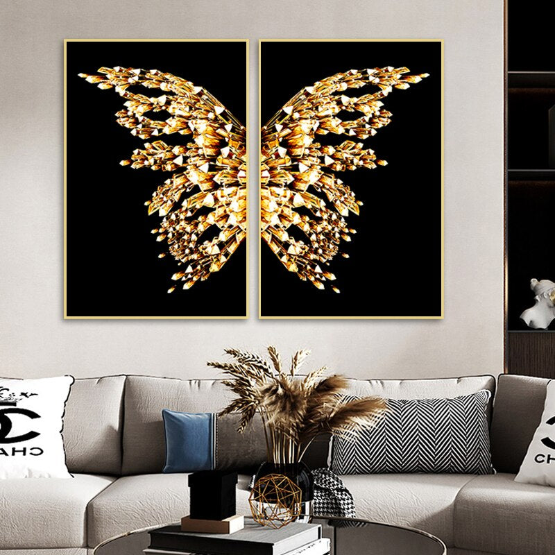 Black Golden Butterfly Wings Boutique Abstract Wall Art Fine Art Canvas Prints Pictures For Luxury Living Room Bedroom Stylish Fashion Home Decor