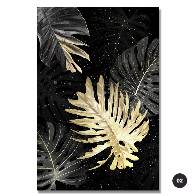 Black Golden Tropical Leaves Wall Art Fine Art Canvas Prints Modern Exotic Botanical Fashion Pictures For Living Room Dining Room Home Office Decor