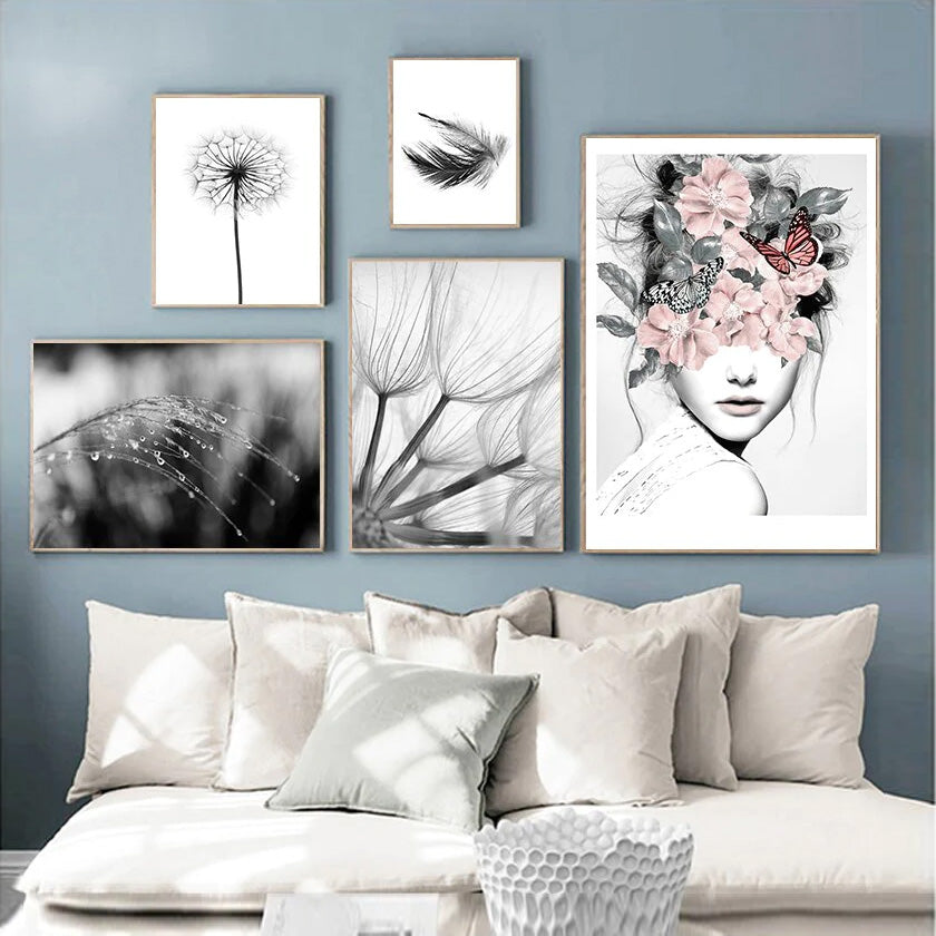 Black White Dandelion Pink Flower Girl Gallery Wall Art Fine Art Canvas Prints Fashion Pictures For Girls Bedroom Living Room Salon Art Decor