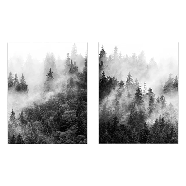 Black & White Misty Wilderness Forest Wall Art Fine Art Canvas Prints Minimalist Nordic Landscape Pictures For Living Room Scandinavian Interior Decor