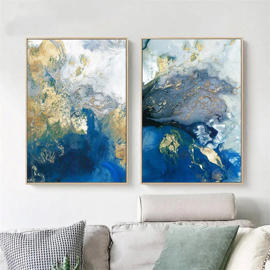 Blue Marble Abstract Ocean Wall Art Golden Azure Contemporary Nordic Paintings Fine Art Canvas Prints For Modern Home Office Interior Decor