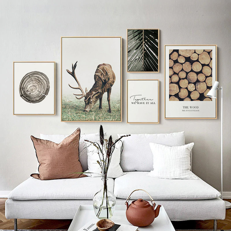 Classic Scandinavian Wall Art Fine Art Rustic Nordic Nature Tree Rings Deer Canvas Wood Prints Minimalist Pictures For Modern Country Home Decor