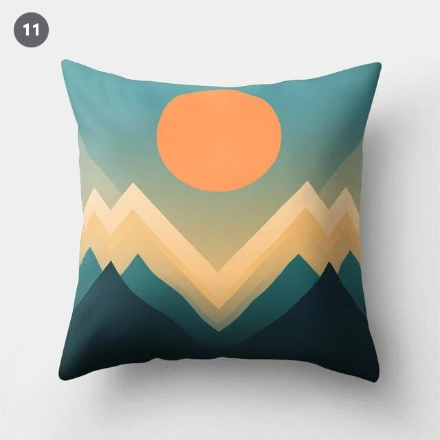 Colorful Nordic Style Sunrise Moon & Mountain Floral Landscape Abstract Patterned Retro Geometric Cushion Cover Sofa Pillow Case 45x45cm