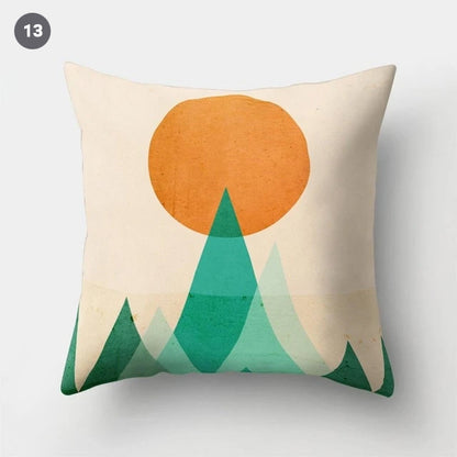 Colorful Nordic Style Sunrise Moon & Mountain Floral Landscape Abstract Patterned Retro Geometric Cushion Cover Sofa Pillow Case 45x45cm