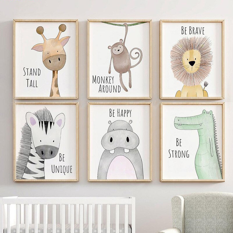 Nursery Wall Art Cute Animals Zebra Hippo Giraffe Lion Monkey Crocodile Posters Fine Art Canvas Prints For Kid's Bedroom Wall Decor