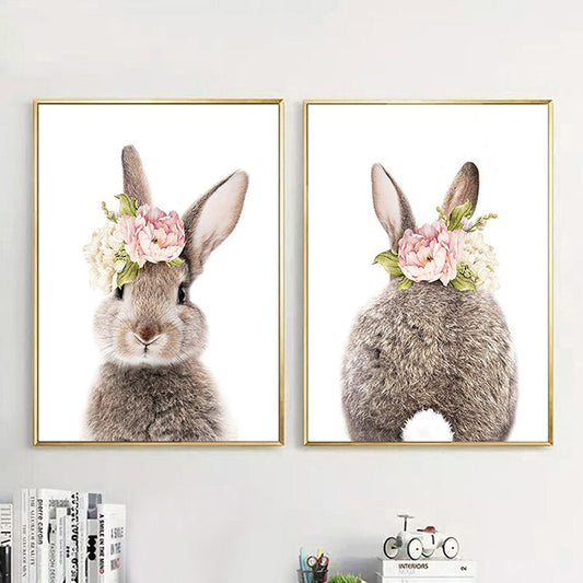 Pink Floral Rabbit Bunny Tail Wall Art Fine Art Canvas Prints Baby Animal Poster For Kid's Room Baby's Room Nordic Nursery Children's Room Art Decoration