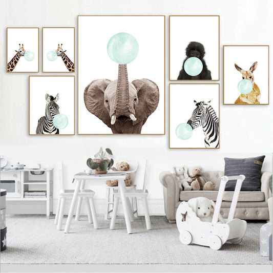 Cute Jade Green Bubble Baby Animal Posters Nursery Wall Art Fine Art Canvas Prints Giraffe Elephant Koala Zebra Pictures For Baby Girls Boys Bedroom Decor