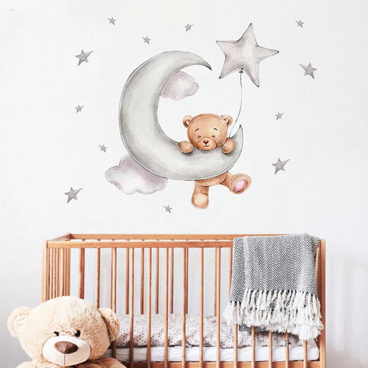Teddy Bear Moon Cloud And Stars Wall Decals For Kids Room Removable Wall Stickers For Baby Room Nordic Nursery Wall Creative DIY Art Decor