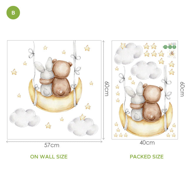 Cute Animals Moon And Stars Wall Murals For Children's Room Removable Self Adhesive Vinyl Wall Decal For Babys Nursery Creative DIY Home Decor