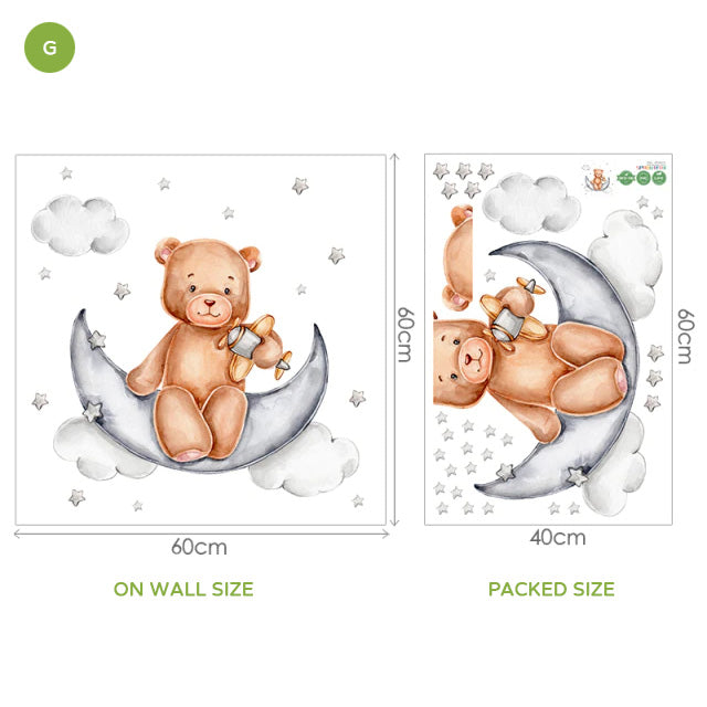 Cute Animals Moon And Stars Wall Murals For Children's Room Removable Self Adhesive Vinyl Wall Decal For Babys Nursery Creative DIY Home Decor