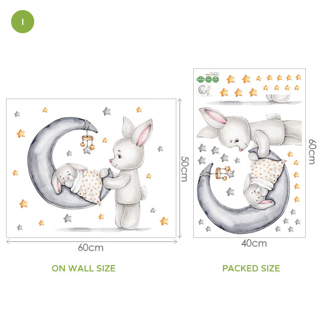 Cute Animals Moon And Stars Wall Murals For Children's Room Removable Self Adhesive Vinyl Wall Decal For Babys Nursery Creative DIY Home Decor
