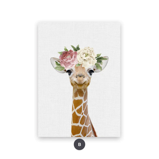 Nursery Wall Art Cute Animals With Flowers Canvas Prints Floral Baby Animals Bunny Owl Giraffe Zebra Fox Tiger Cub Pictures For Baby's Room