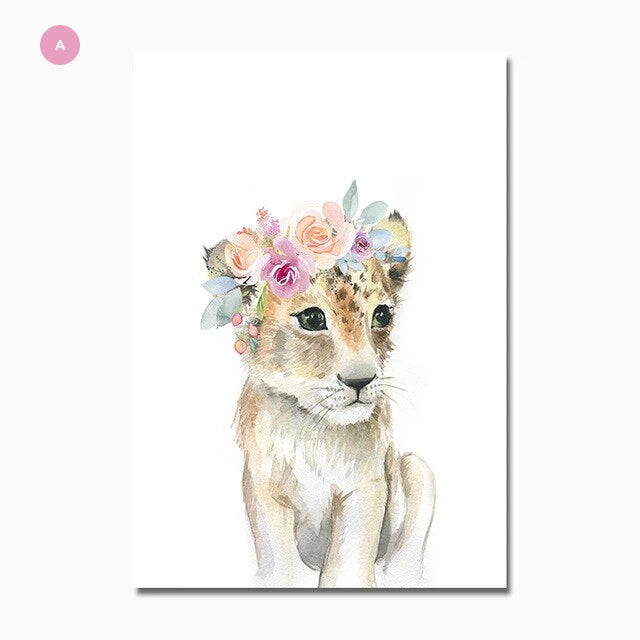 Flower Animals Nursery Wall Art Fine Art Canvas Prints Pictures For Kids Room Baby's Room Zebra Giraffe Elephant Lion Poster For Children's Room Decor
