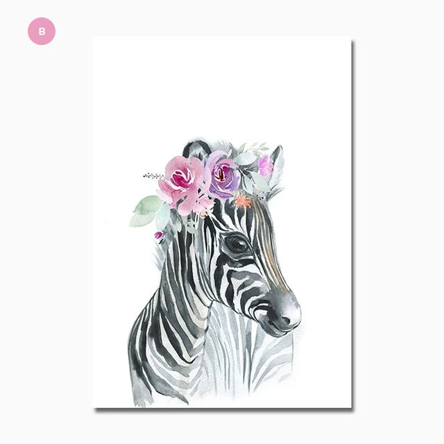 Flower Animals Nursery Wall Art Fine Art Canvas Prints Pictures For Kids Room Baby's Room Zebra Giraffe Elephant Lion Poster For Children's Room Decor