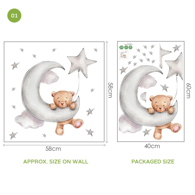 Teddy Bear Moon Cloud And Stars Wall Decals For Kids Room Removable Wall Stickers For Baby Room Nordic Nursery Wall Creative DIY Art Decor