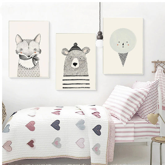 Woodland Animals Nursery Wall Art Fox Bear And Ice Cream Cute Characters Fine Art Canvas Prints Nordic Pictures For Children's Bedroom Decor