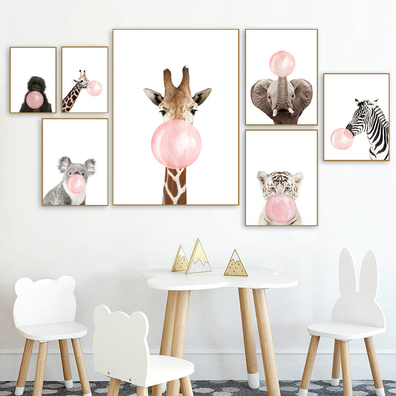 Little Animals Pink Bubble Gum Cute Nursery Wall Art Canvas Poster Modern Prints For Nursery Room Kids Room Home Decor