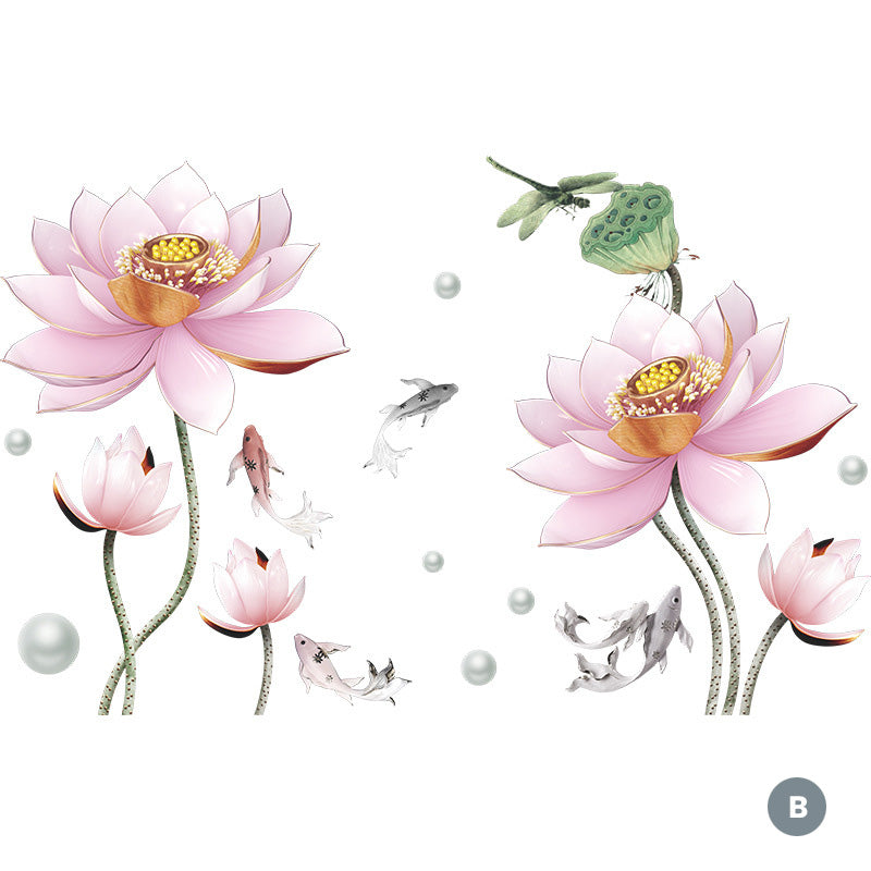 Pink Lotus Garden Dragonfly Fish Birds PVC Wall Mural Removable Vinyl Wall Sticker Decal For Living Room Kitchen Utility Room Creative DIY Wall Decor