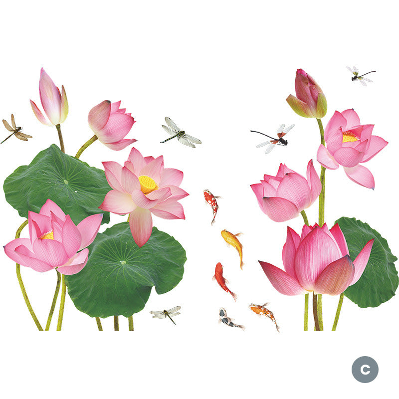 Pink Lotus Garden Dragonfly Fish Birds PVC Wall Mural Removable Vinyl Wall Sticker Decal For Living Room Kitchen Utility Room Creative DIY Wall Decor