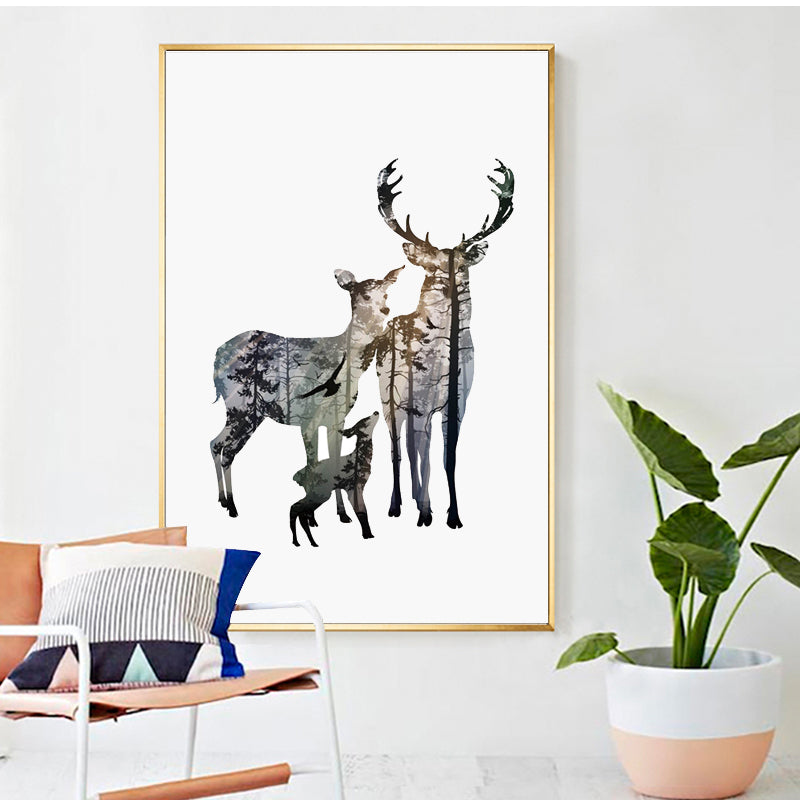 Family Of Deer In Forest Silhouette Wall Art Nordic Style Woodland Animals Fine Art Canvas Prints Scandinavian Style Home Interior Decor