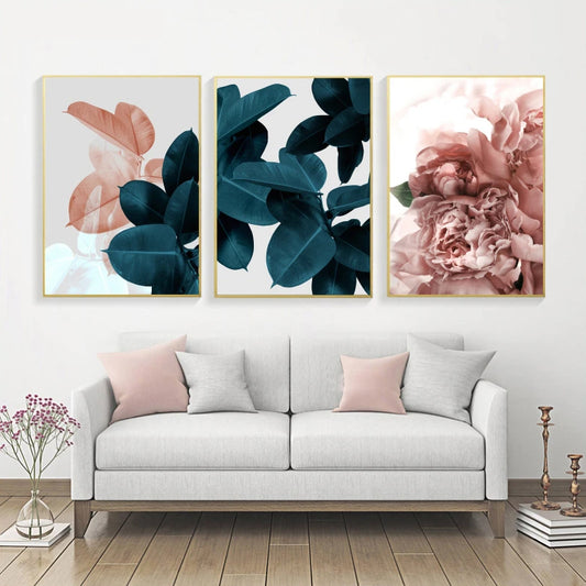 Fashion Floral Posters Pink Rose Green Leaves Wall Art Fine Art Canvas Prints Stylish Salon Art Pictures For Modern Living Room Bedroom Glam Home Decor