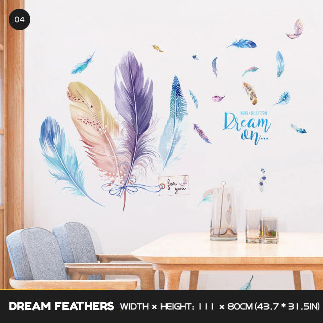 Freedom Birds Feather Wall Decor Murals Removable PVC Self Adhesive Dream Feathers Decals For Living Room Bedroom Wall Art Creative Home Decor