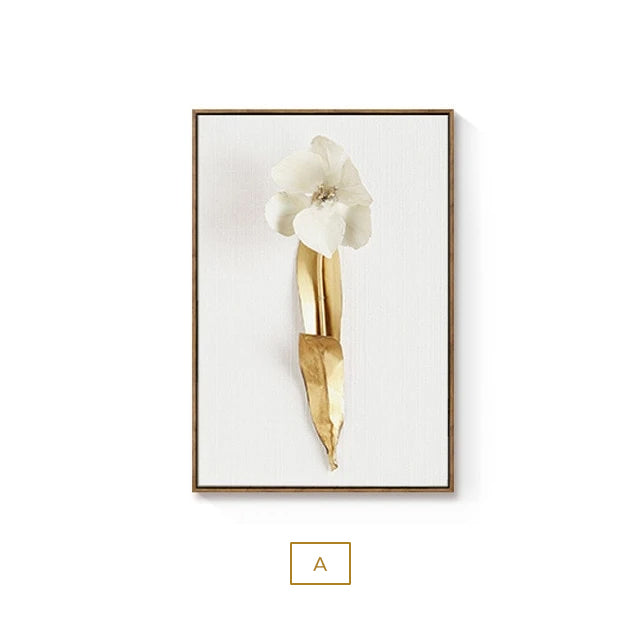 Modern Minimalist Golden White Flowers Wall Art Fine Art Canvas Prints Exotical Botanical Pictures For Living Room Dining Room Luxury Interiors Styling