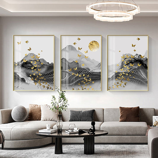 Golden Sun Birds Geometric Abstract Flowing Landscape Wall Art Fine Art Canvas Prints Auspicious Pictures For Living Room Luxury Home Office Decor
