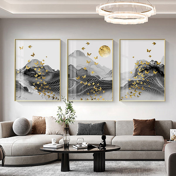 Golden Sun Birds Geometric Abstract Flowing Landscape Wall Art Fine Ar ...