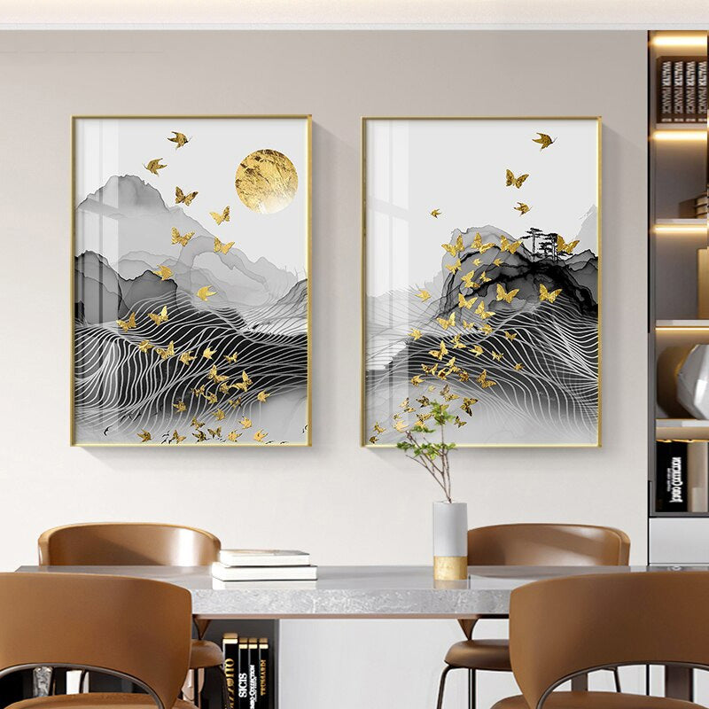 Golden Sun Birds Geometric Abstract Flowing Landscape Wall Art Fine Art Canvas Prints Auspicious Pictures For Living Room Luxury Home Office Decor