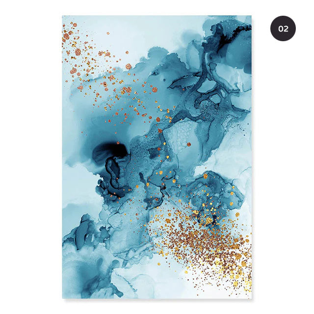 Golden Blue Splash Liquid Abstract Wall Art Fine Art Canvas Prints Modern Pictures For Luxury Living Room Bedroom Boutique Hotel Office Art Decor