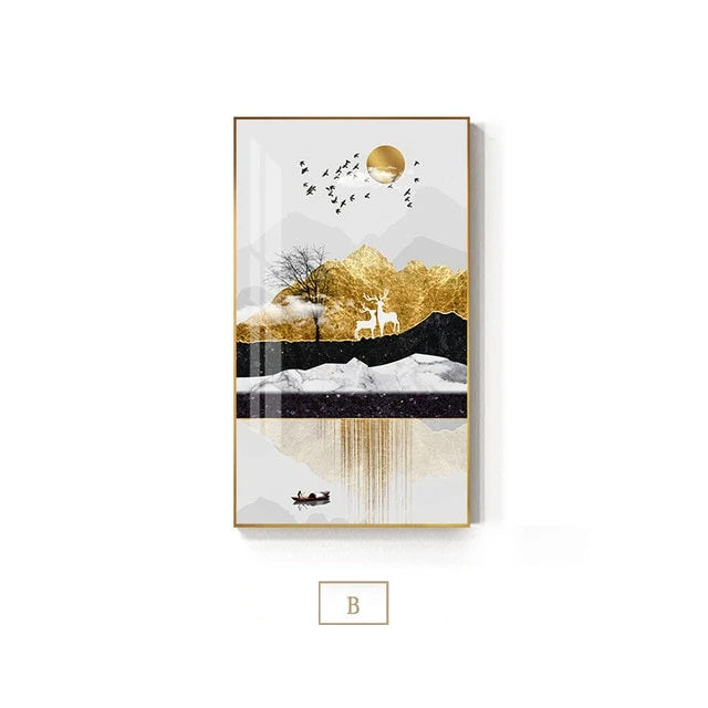 Auspicious Golden Deer Mountain Landscape Abstract Nordic Wall Art Fine Art Canvas Prints Modern Pictures For Living Room Contemporary Office Home Interior