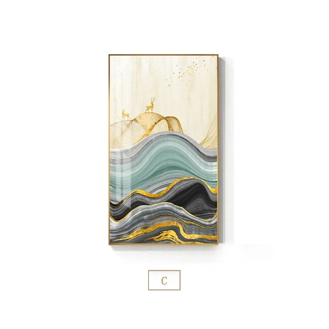 Auspicious Golden Deer Mountain Landscape Abstract Nordic Wall Art Fine Art Canvas Prints Modern Pictures For Living Room Contemporary Office Home Interior