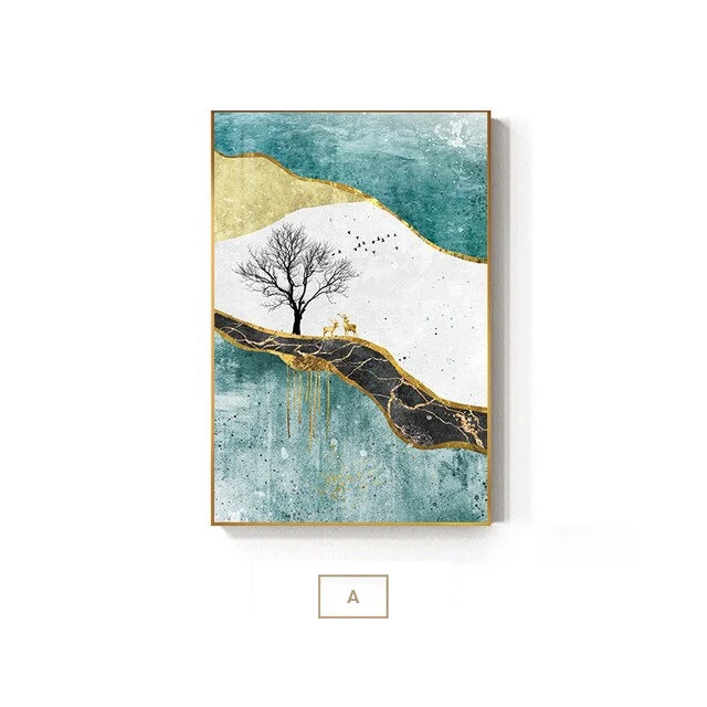 Golden Tree Butterflies And Deer Abstract Landscape Wall Art Fine Art Canvas Prints Pictures For Living Room Dining Room Luxury Interiors Wall Art Decor