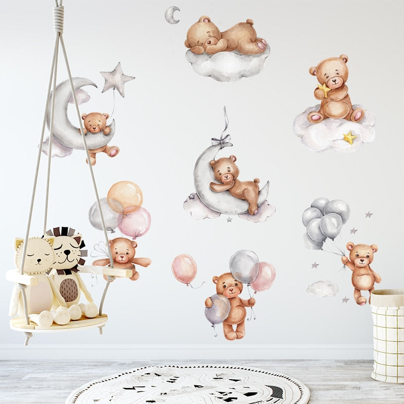 Cute Teddy Bear Moon Star Vinyl Wall Mural Decals Removable PVC Wall Stickers For Nursery Room Playroom Baby's Bedroom Creative DIY Wall Decor