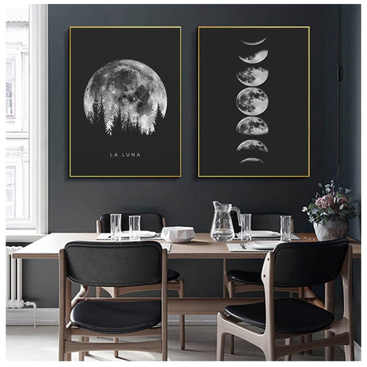 La Luna Black & White Moon Phases Wall Art Fine Art Canvas Prints Modern Posters For Bedroom Living Room Home Office Art Decoration