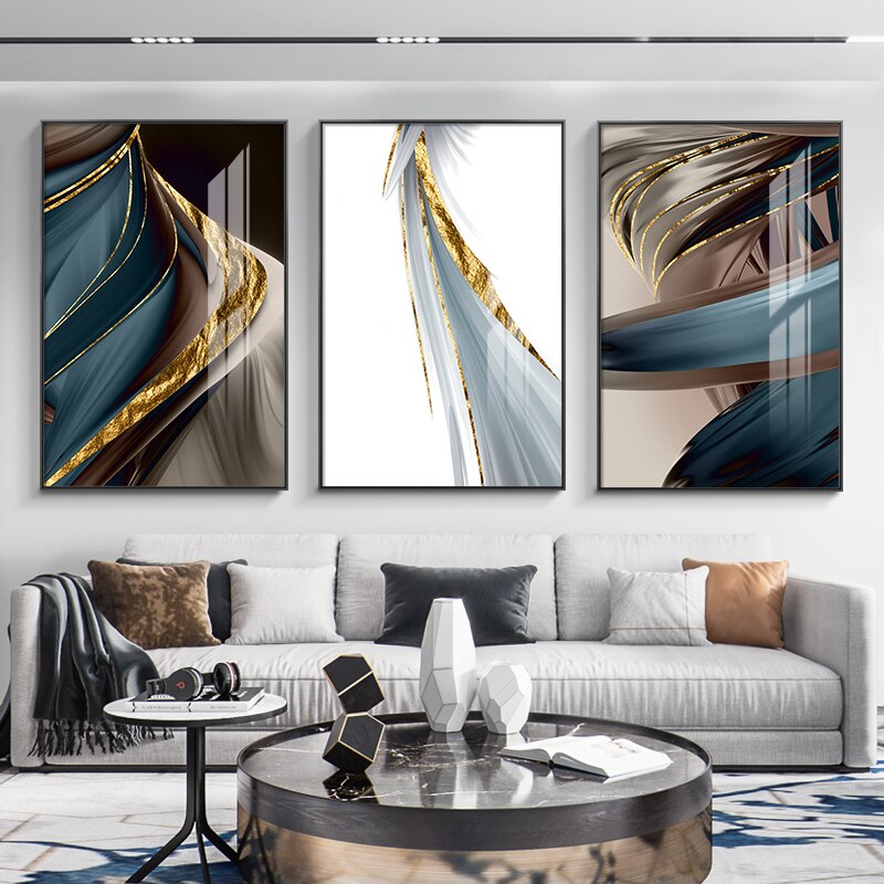 Flowing Golden Feather Abstract Wall Art Fine Art Canvas Prints Neutral Color Pictures For Modern Luxury Living Room Dining Room Bedroom Wall Decor