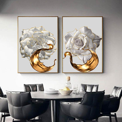 White Rose Golden Floral Wall Art Fine Art Canvas Prints Modern Abstract Botanical Pictures For Luxury Living Room Dining Room Bedroom Art Decor