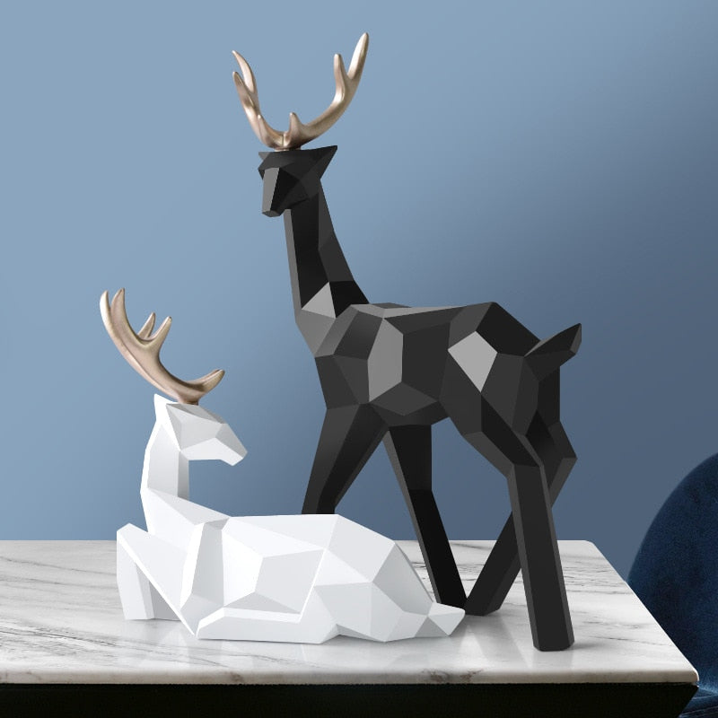 Set of 2Pcs Geometric Golden Reindeer Sculptures Majestic Nordic Deer Statues For Living Room Tabletop Decoration In White Black Gold Blue Set of 2