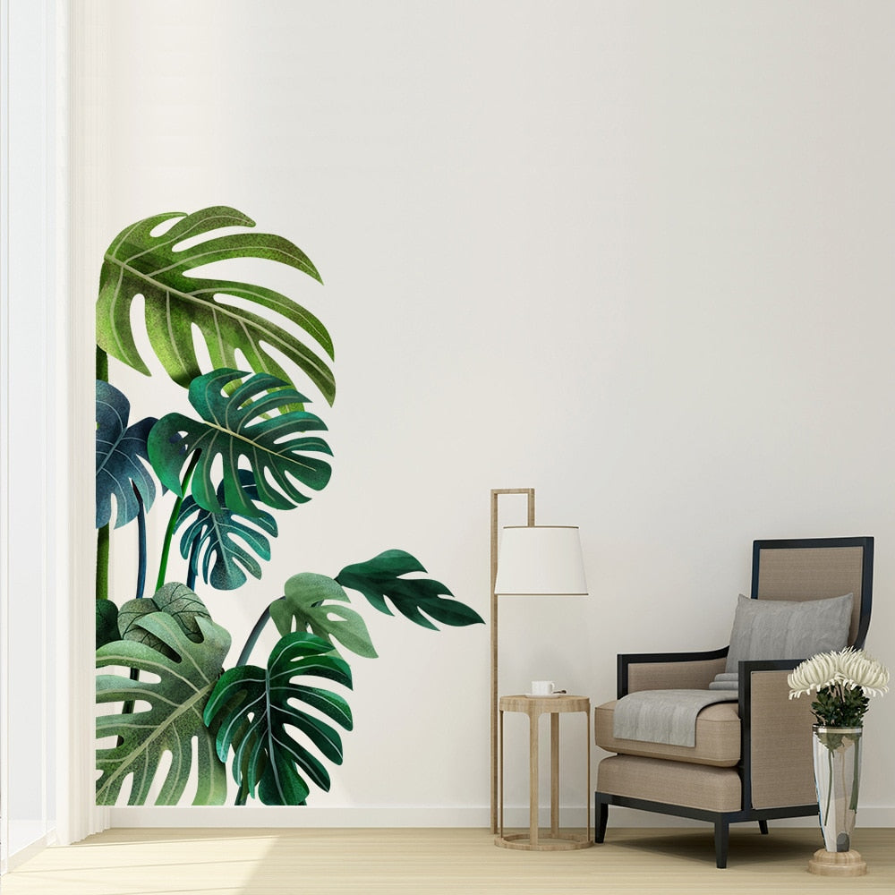 Tropical Green Leaves Vinyl Wall Mural Removable PVC Tropical Leaves Wall Sticker Decals For Living Room Dining Room Office Creative DIY Home Decor