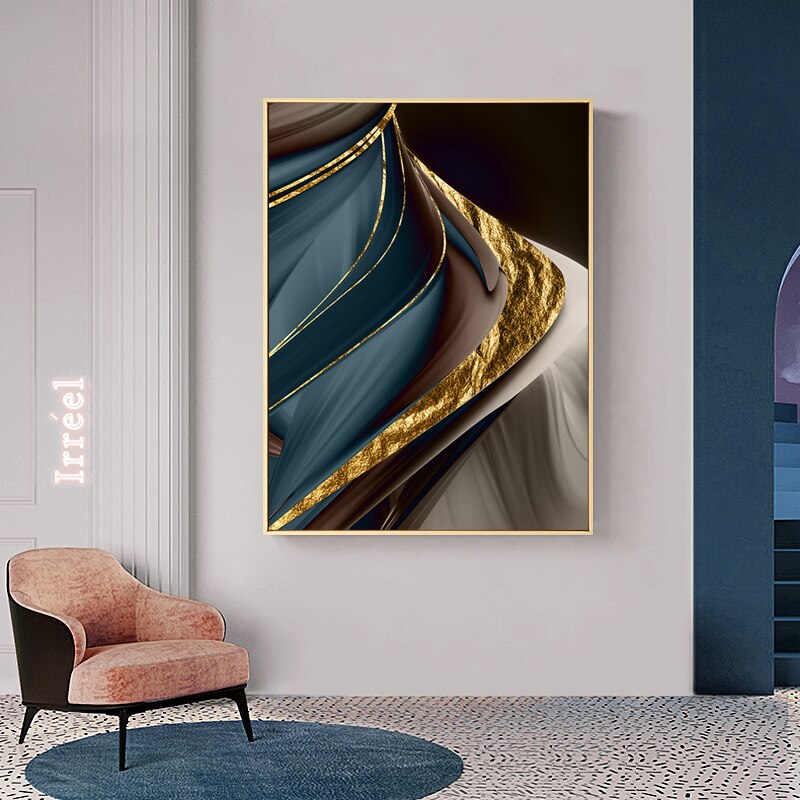 Flowing Golden Feather Abstract Wall Art Fine Art Canvas Prints Neutral Color Pictures For Modern Luxury Living Room Dining Room Bedroom Wall Decor