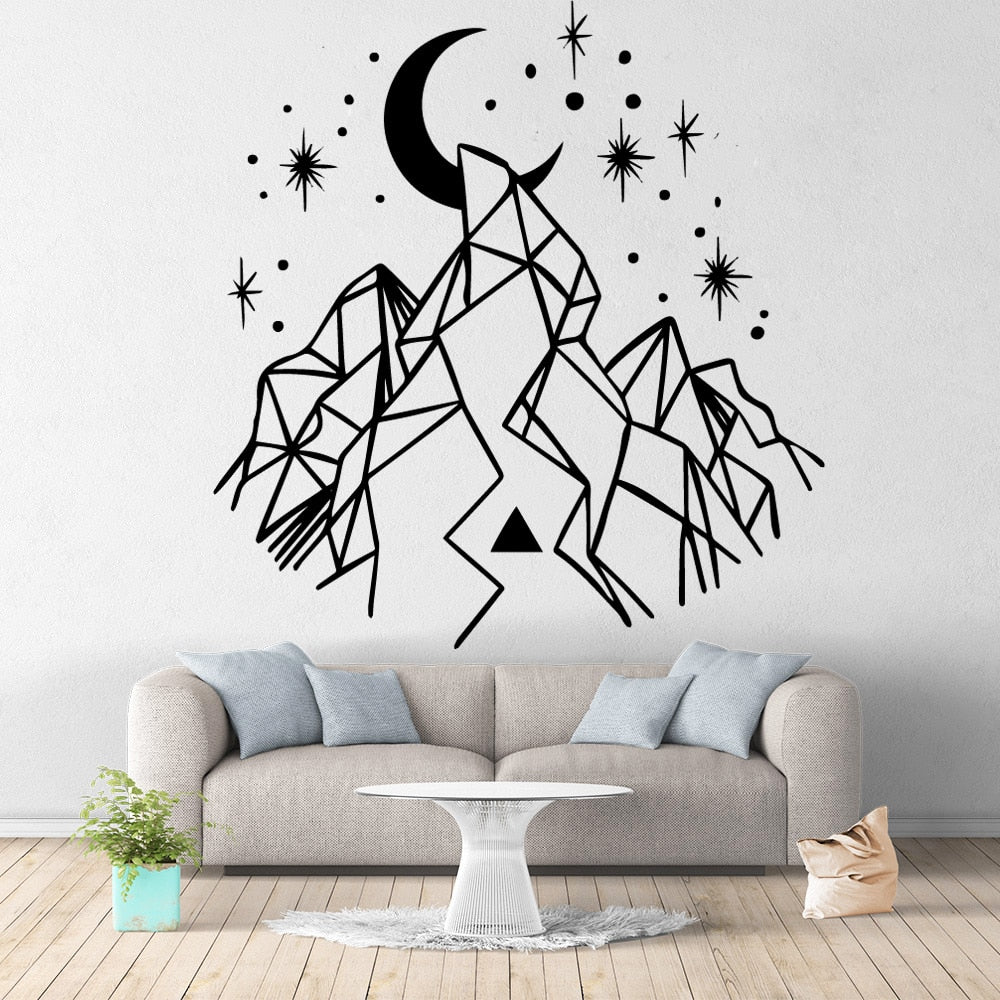 Geometric Mountain Moon & Stars Wall Mural For Children's Room Vinyl Wall Decal Removable PVC Wall Sticker For Kid's Room Creative DIY Nursery Decor
