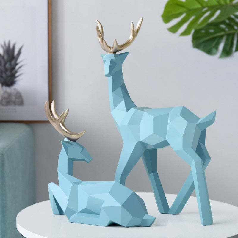 Set of 2Pcs Geometric Golden Reindeer Sculptures Majestic Nordic Deer Statues For Living Room Tabletop Decoration In White Black Gold Blue Set of 2