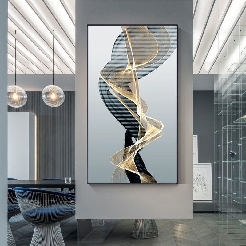 Abstract Flowing Vibrations Wall Art Fine Art Canvas Prints Yellow Black Gray Silk Vape Pictures For Modern Living Room Home Office Interiors