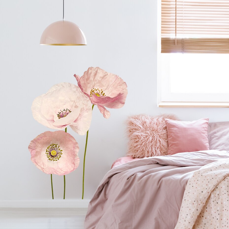 Big Pink Poppies Watercolor Floral Mural Vinyl Wall Decal Removable PVC Wall Stickers For Living Room Bedroom Creative DIY Nursery Wall Decor