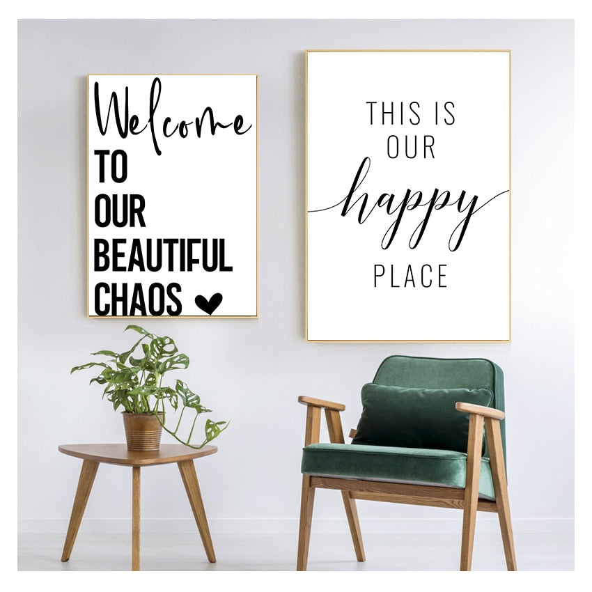 Happy Place Quotations Home Decor Wall Art Fine Art Canvas Prints Black White Minimalist Typographic Pictures For Family Living Room Wall Decor