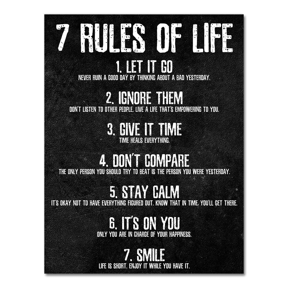 Seven Rules Of Life Daily Mantra Poster Wall Art Black & White Prints Inspirational Pictures For Living Room Bedroom Home Office Art Decor