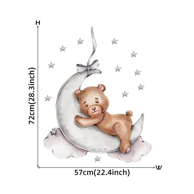 Cute Teddy Bear Moon Star Vinyl Wall Decals Removable PVC Wall Stickers For Nursery Room Playroom Baby's Bedroom Creative DIY Wall Decor