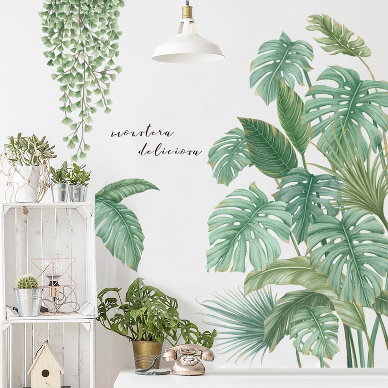 Tropical Greenery Wall Mural Removable PVC Vinyl Green Leaves Wall Sticker Decal Decoration For Living Room Dining Room Creative DIY Home Decor